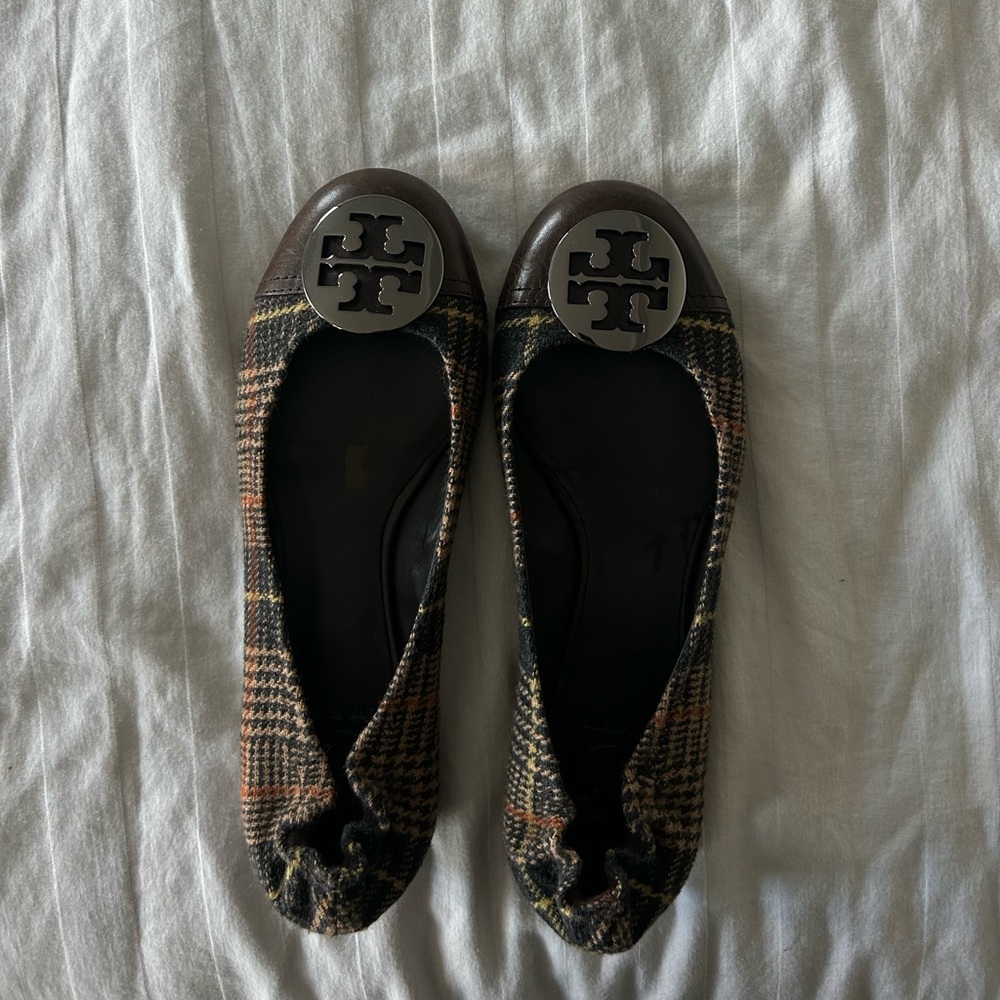 Tory Burch Brown Plaid Flats with Silver Logo